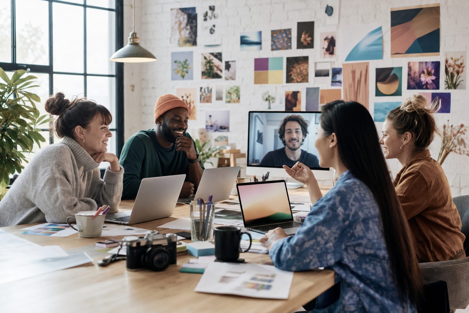 Une équipe d’agence en réunion devant un mur de visuels, un client en visio