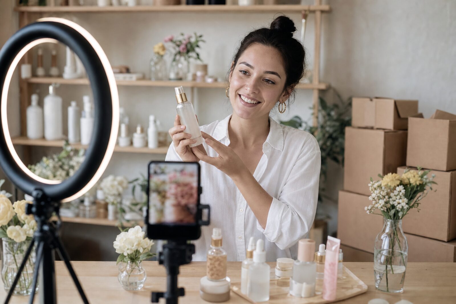 Une créatrice filme une vidéo produit pour une marque de soins vendue en ligne