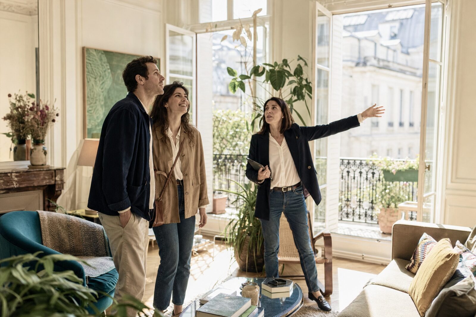 Une agente immobilière fait visiter un appartement lumineux à un couple